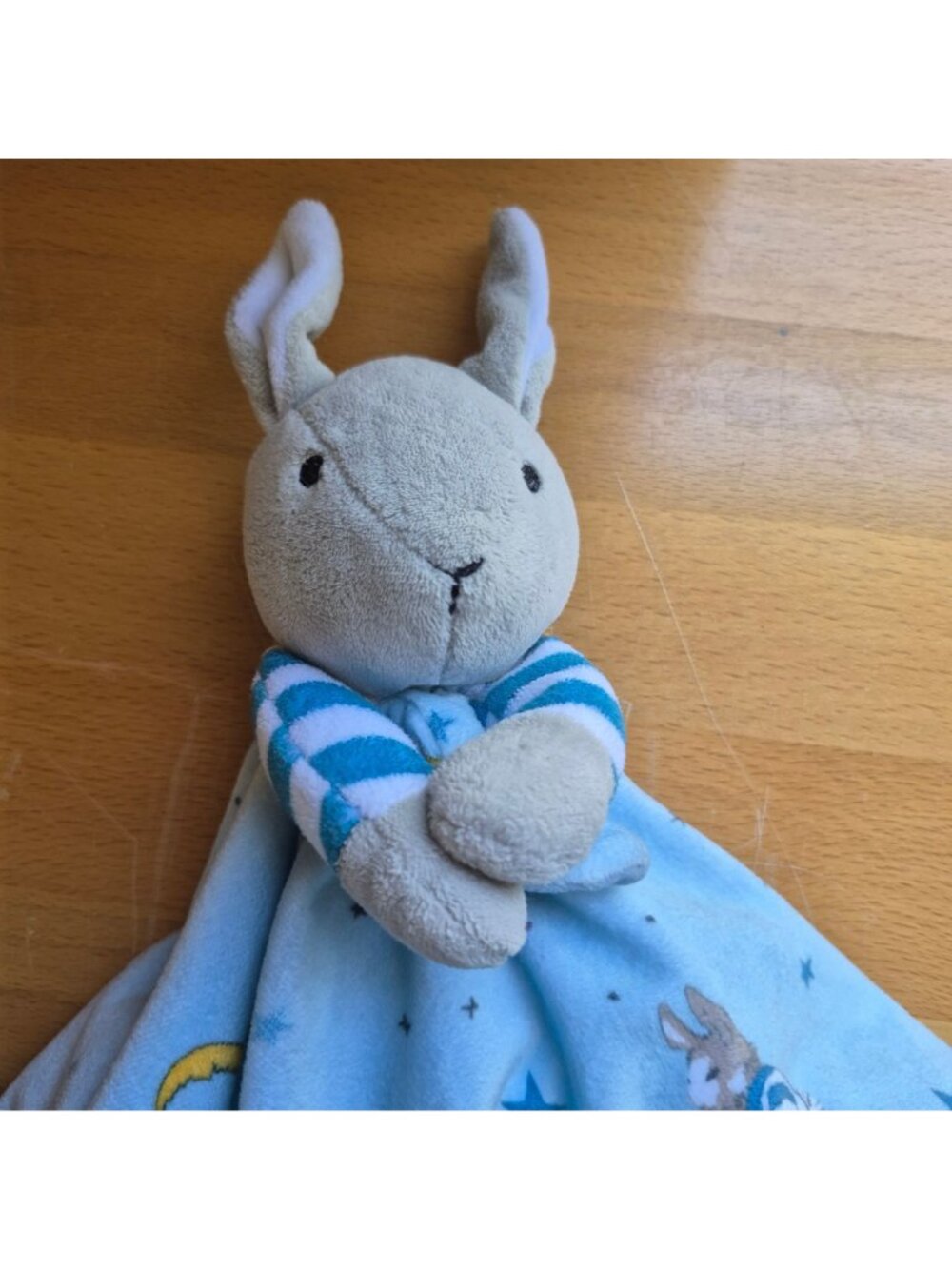 Bunny Plush Lovey Blanket Toy With Moon & Star Print Blue & Yellow Satin Trim - Picture 2 of 4